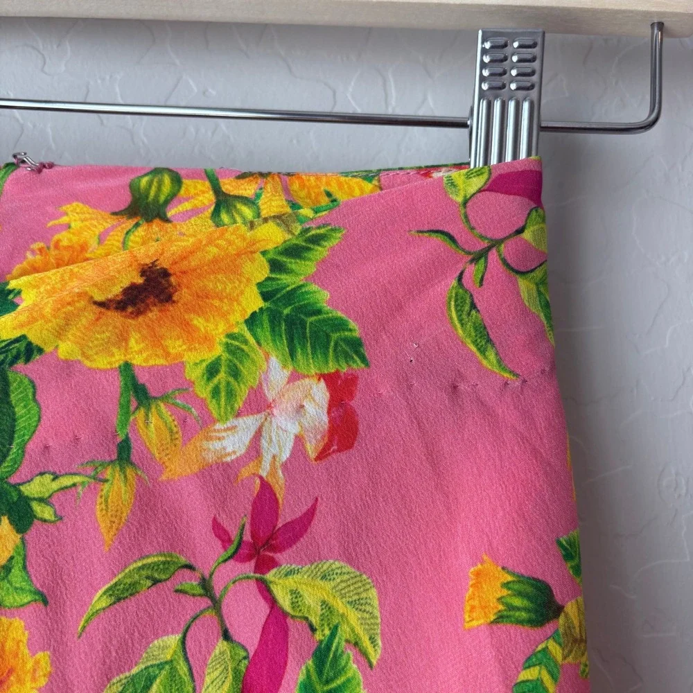 La Fuori Skirt Pink‎ Floral Print Silk Maxi Skirt w Drawstring Ruched